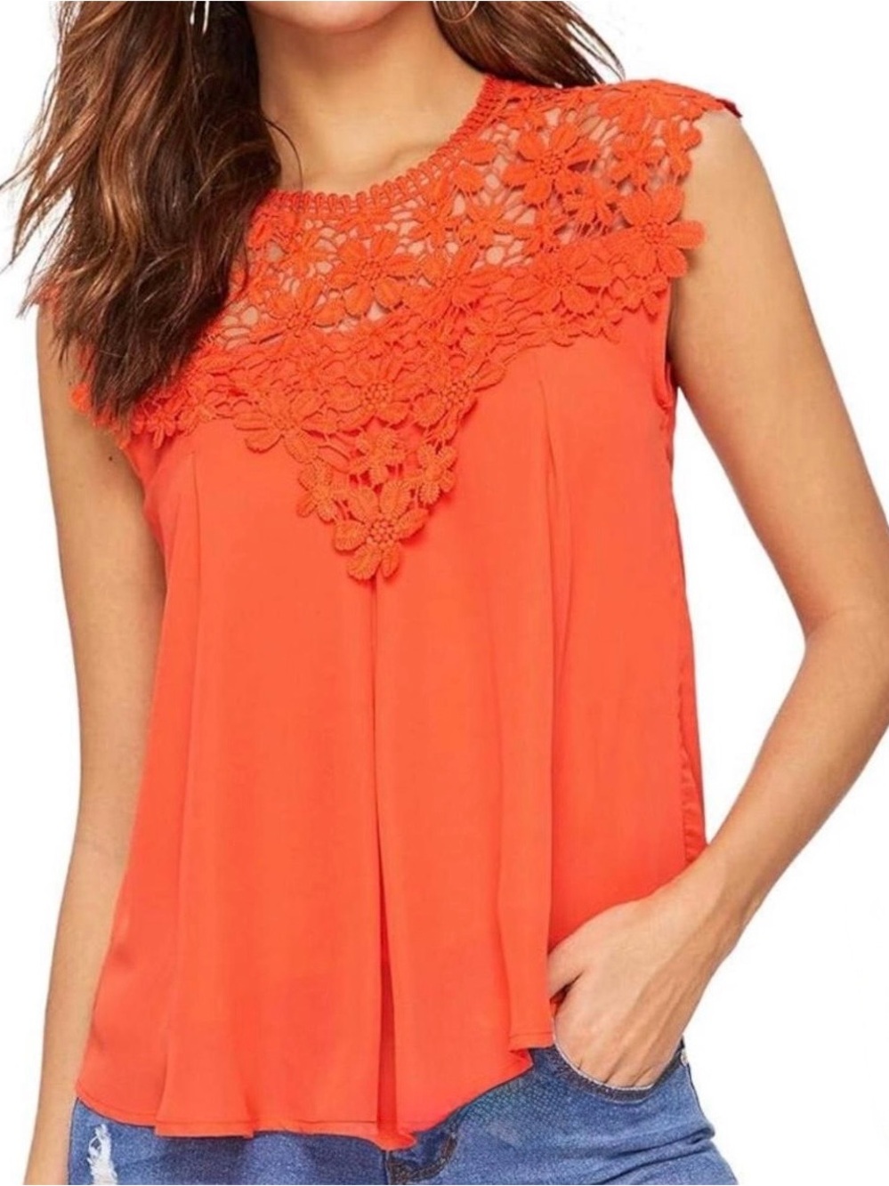 Floerns Women’s Sleeveless Orange Guipure Lace Yoke Lined Blouse Size Large NEW